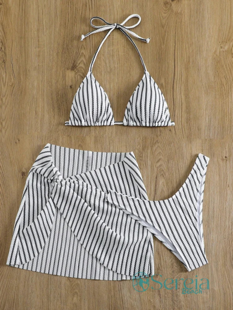 Conjunto de Biquíni Top Triângulo com Saída de Praia Listrada Conjunto de Biquíni Top Triângulo com Saída de Praia