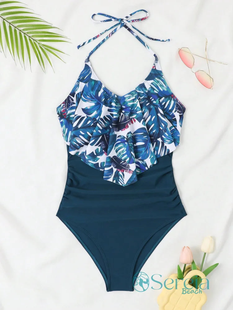 Maiô com Babado Superior e Estampa de Folhas Tropicais Maiô com Babado Superior e Estampa de Folhas Tropicais
