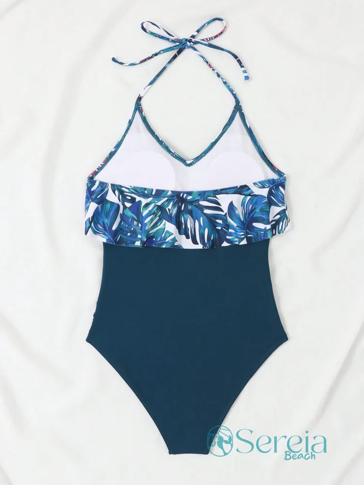 Maiô com Babado Superior e Estampa de Folhas Tropicais Maiô com Babado Superior e Estampa de Folhas Tropicais