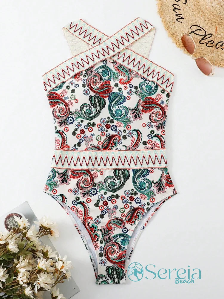 Maiô Estampado com Alça Transpassada no Pescoço Maiô Estampado com Alça Transpassada no Pescoço