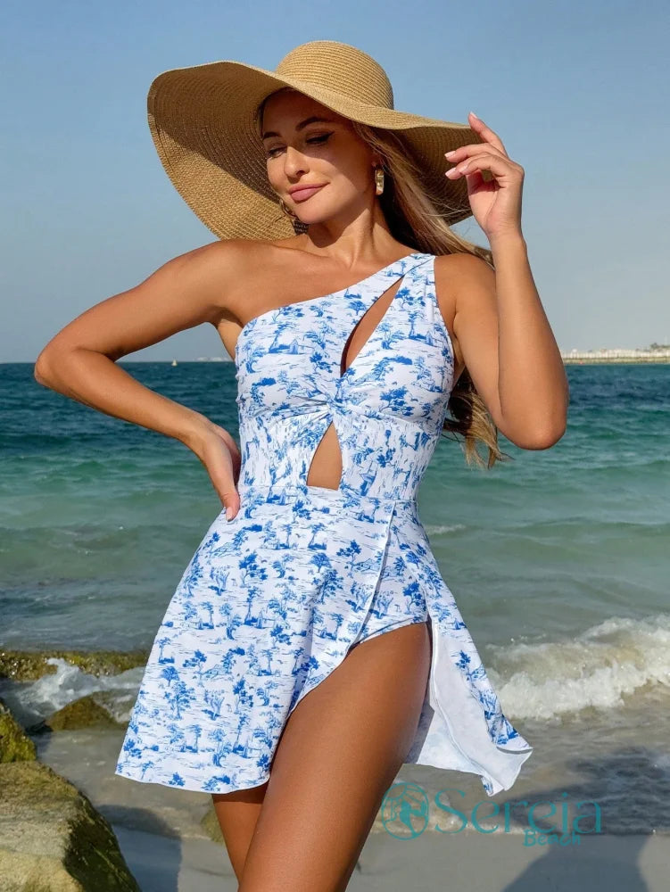 Maiô Estampado com Recortes e Saia Assimétrica Azul e Branco / P Maiô Estampado com Recortes Laterais e Cordão Frontal