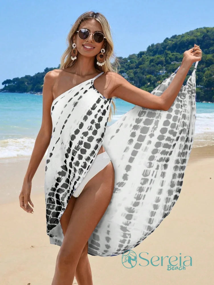 Saída de Praia Assimétrica com Estampa Tie Dye Branco com Preto / P Saída de Praia Assimétrica com Estampa Tie Dye