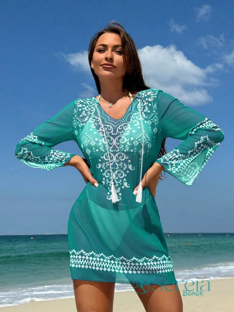 Saída de Praia Bordada com Manga Longa e Cordão Decorativo Verde / P Saída de Praia Bordada com Manga Longa e Cordão