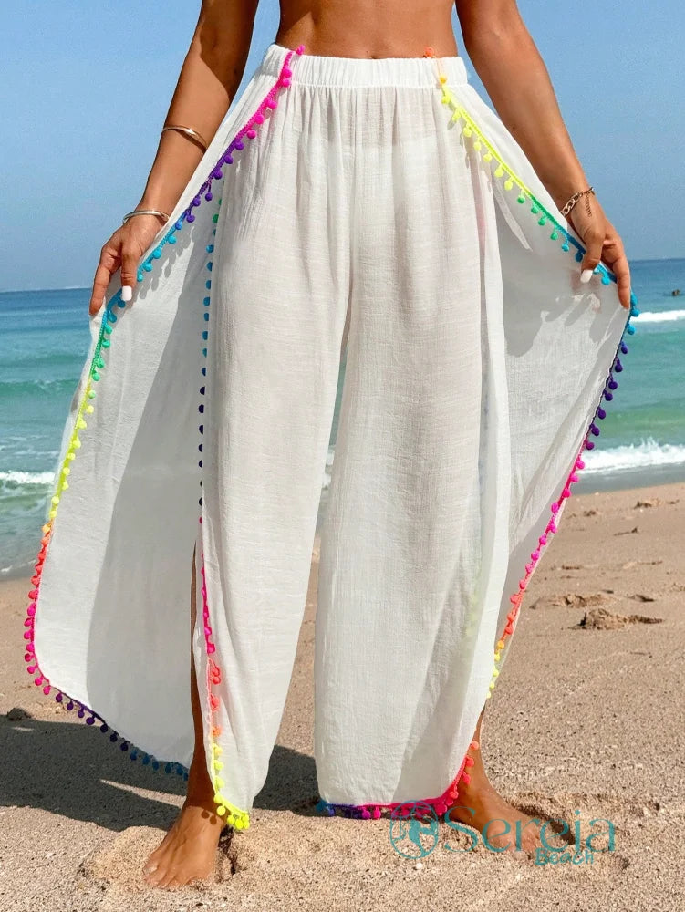 Saída de Praia Calça Longa com Detalhes de Pompom Saída de Praia Calça Longa com Detalhes de Pompom