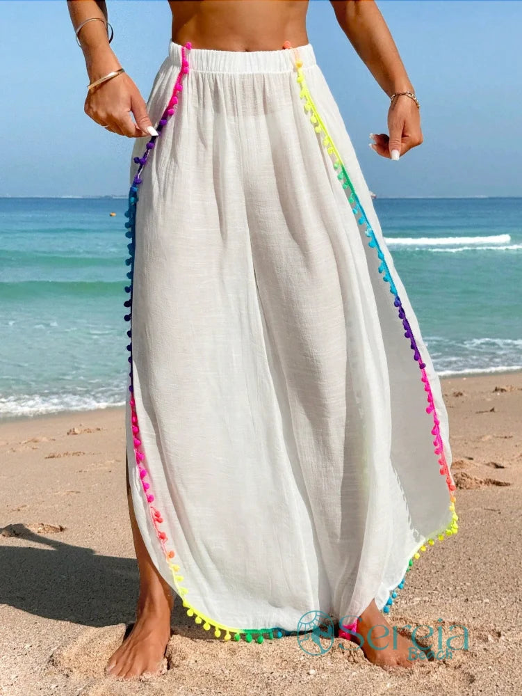 Saída de Praia Calça Longa com Detalhes de Pompom Saída de Praia Calça Longa com Detalhes de Pompom