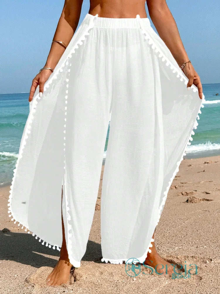 Saída de Praia Calça Longa com Detalhes de Pompom Saída de Praia Calça Longa com Detalhes de Pompom