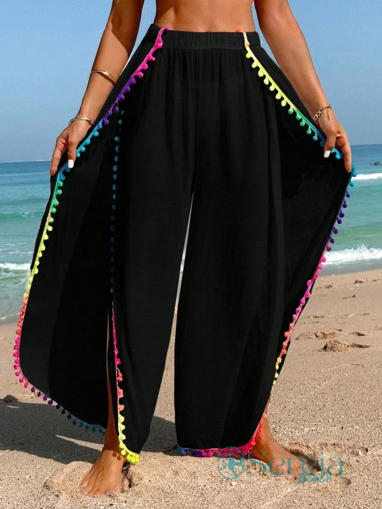 Saída de Praia Calça Longa com Detalhes de Pompom Saída de Praia Calça Longa com Detalhes de Pompom
