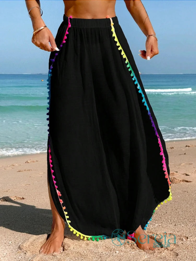 Saída de Praia Calça Longa com Detalhes de Pompom Saída de Praia Calça Longa com Detalhes de Pompom