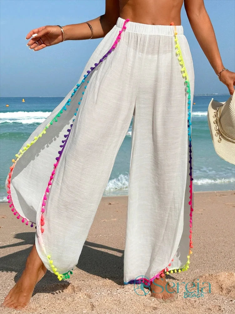 Saída de Praia Calça Longa com Detalhes de Pompom Branco e Colorido / P Saída de Praia Calça Longa com Detalhes de