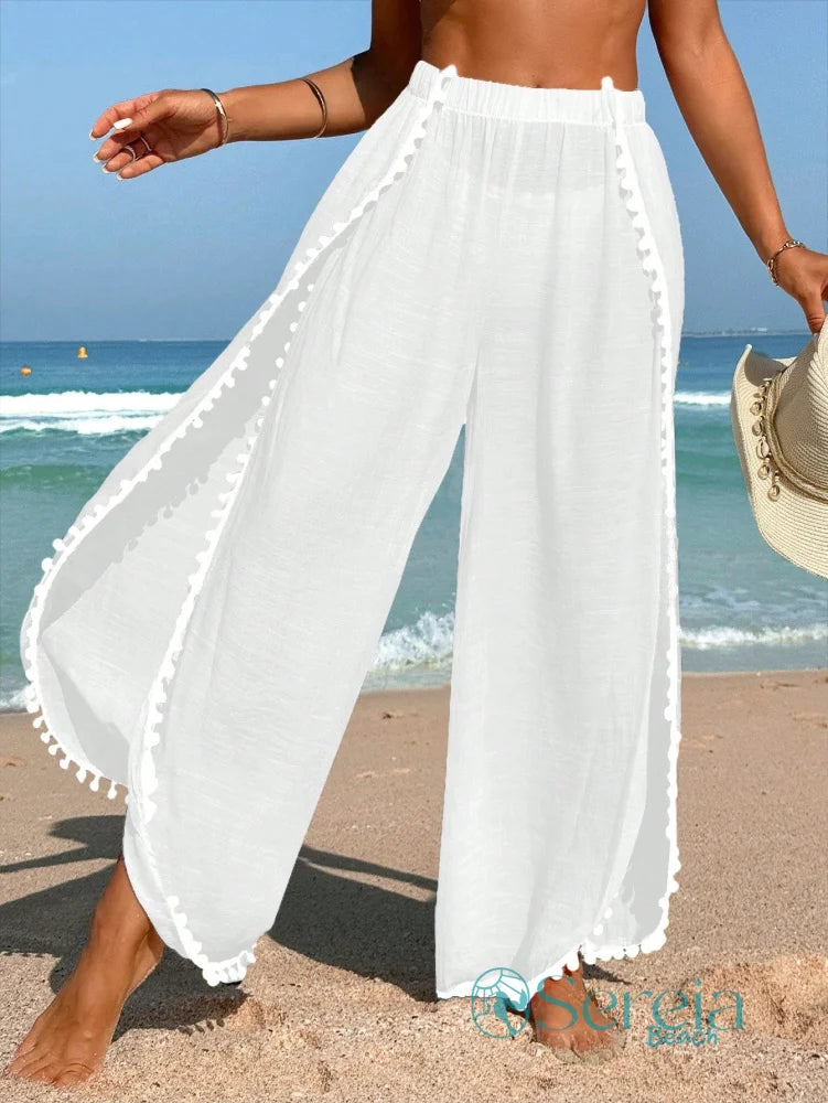Saída de Praia Calça Longa com Detalhes de Pompom Branco / P Saída de Praia Calça Longa com Detalhes de Pompom