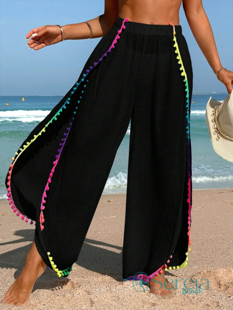 Saída de Praia Calça Longa com Detalhes de Pompom Preto e Colorido / P Saída de Praia Calça Longa com Detalhes de Pompom