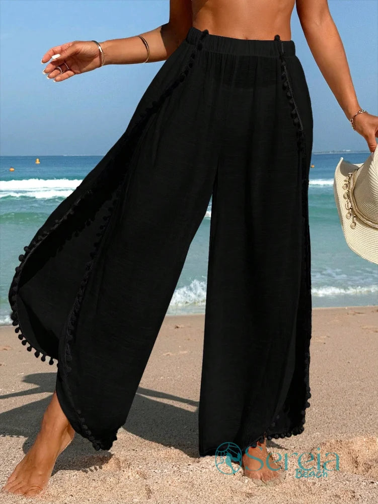 Saída de Praia Calça Longa com Detalhes de Pompom Preto / P Saída de Praia Calça Longa com Detalhes de Pompom