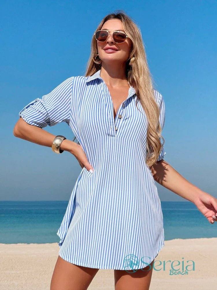 Saída de Praia Camisa Listrada com Manga 3/4 e Decote V Saída de Praia Camisa Listrada com Manga 3/4 e Decote V