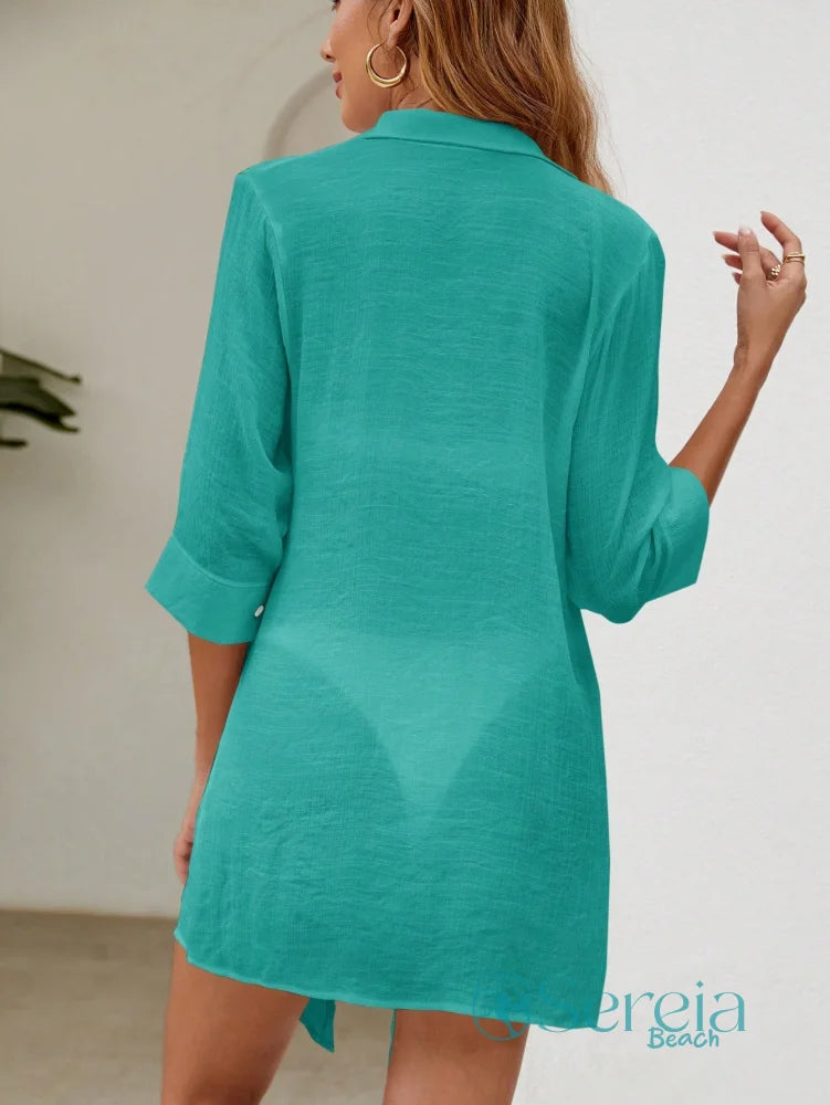 Saída de Praia Camisão com Botões e Manga 3/4 Saída de Praia Camisão com Botões e Manga 3/4