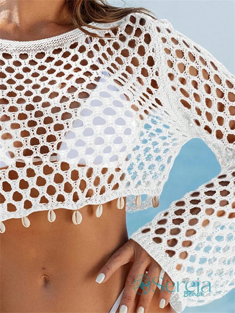 Saída de Praia Crochê com Manga Longa e Pompom Saída de Praia Crochê com Manga Longa e Pompom