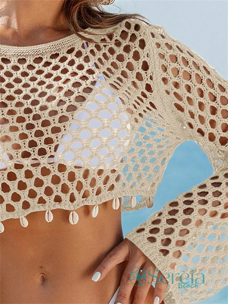Saída de Praia Crochê com Manga Longa e Pompom Saída de Praia Crochê com Manga Longa e Pompom