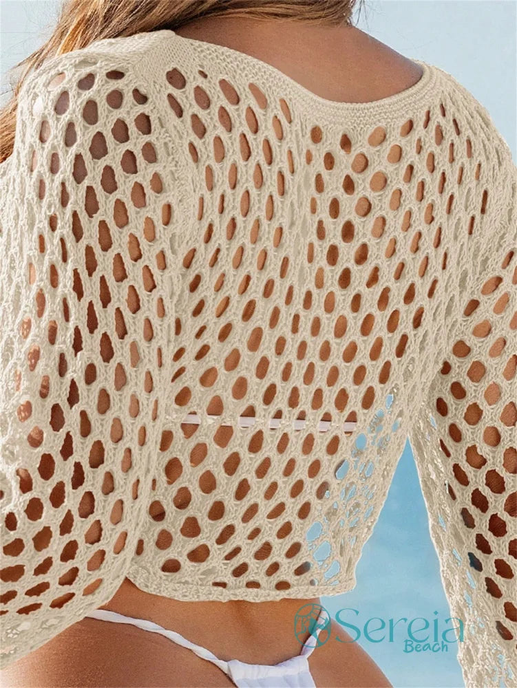 Saída de Praia Crochê com Manga Longa e Pompom Saída de Praia Crochê com Manga Longa e Pompom