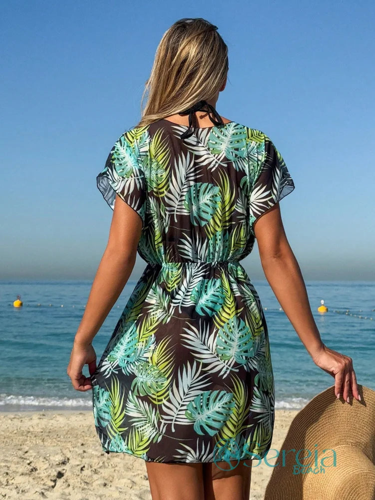 Saída de Praia Estampada com Decote em V e Elástico Saída de Praia Estampada com Decote em V e Elástico