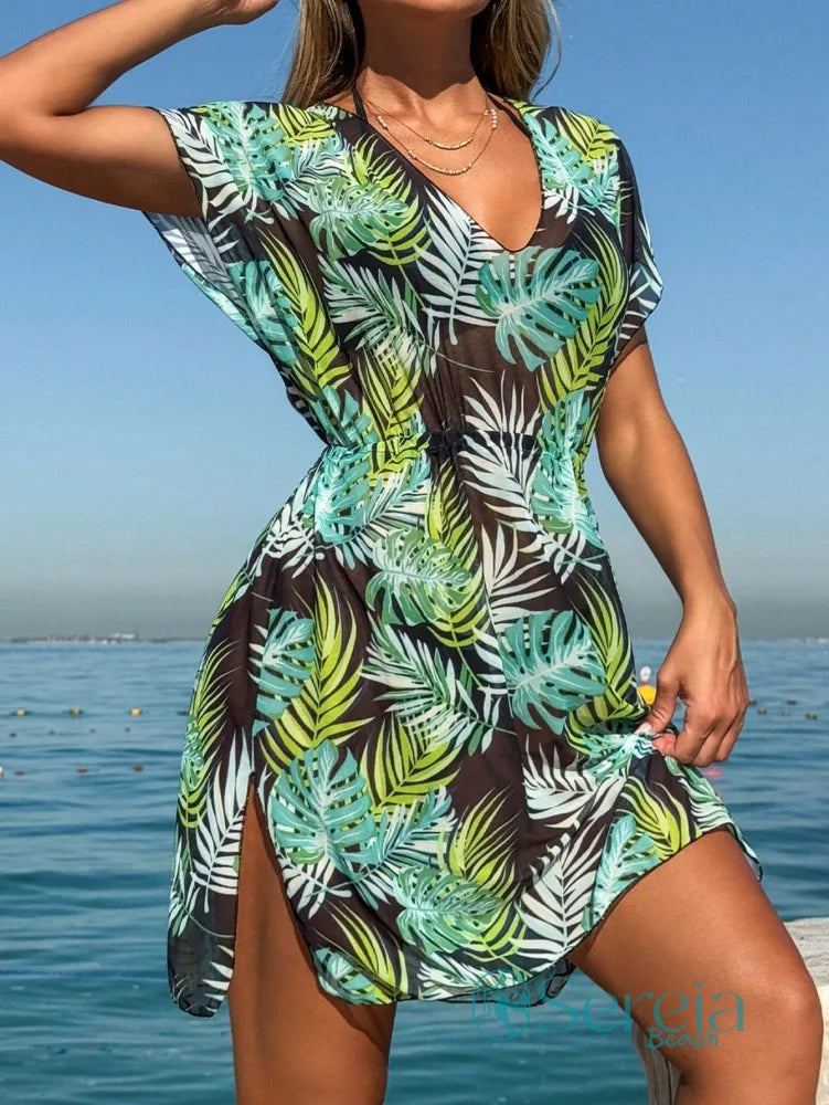 Saída de Praia Estampada com Decote em V e Elástico Saída de Praia Estampada com Decote em V e Elástico