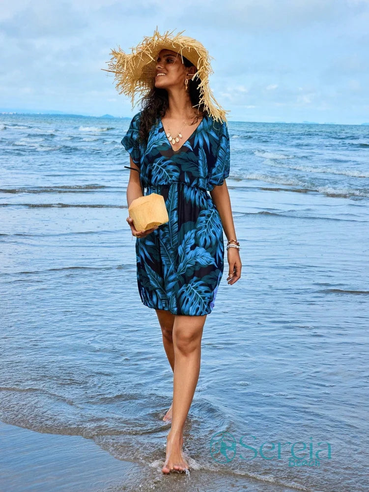 Saída de Praia Estampada com Decote em V e Elástico Saída de Praia Estampada com Decote em V e Elástico