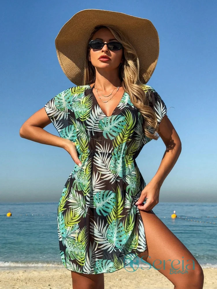 Saída de Praia Estampada com Decote em V e Elástico Saída de Praia Estampada com Decote em V e Elástico