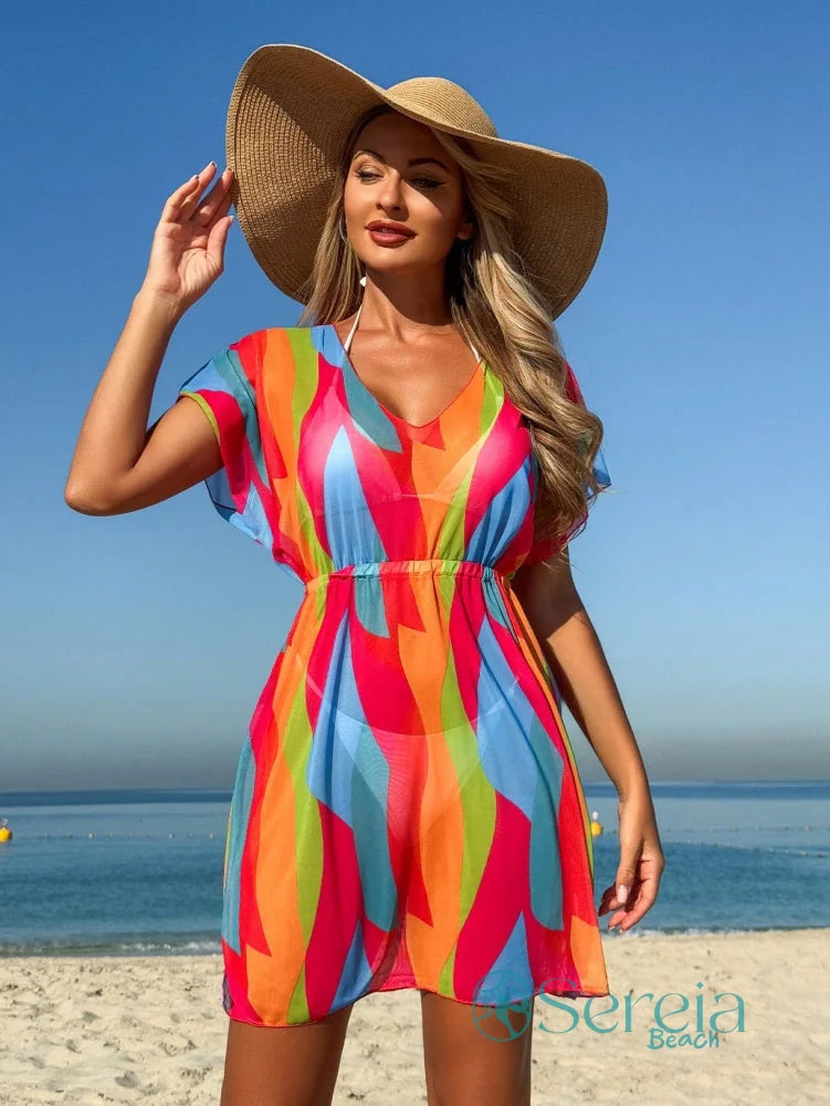 Saída de Praia Estampada com Decote em V e Elástico Saída de Praia Estampada com Decote em V e Elástico