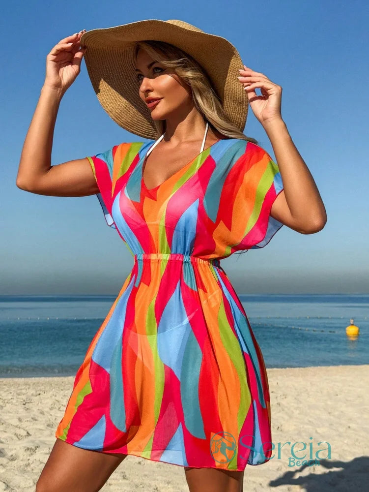 Saída de Praia Estampada com Decote em V e Elástico Saída de Praia Estampada com Decote em V e Elástico