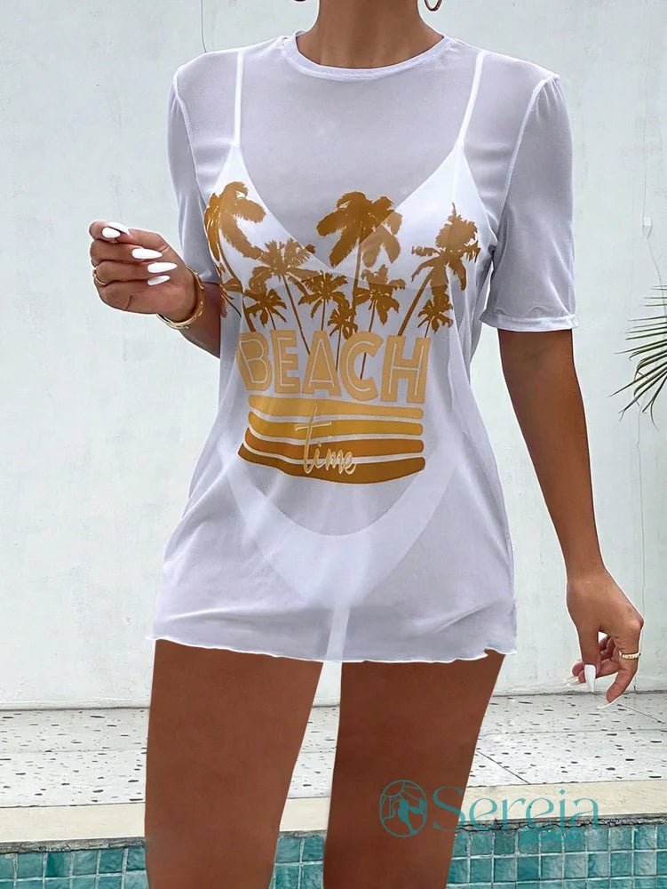 Saída de Praia Estilo Camiseta com Estampa Tropical Saída de Praia Estilo Camiseta com Estampa Tropical
