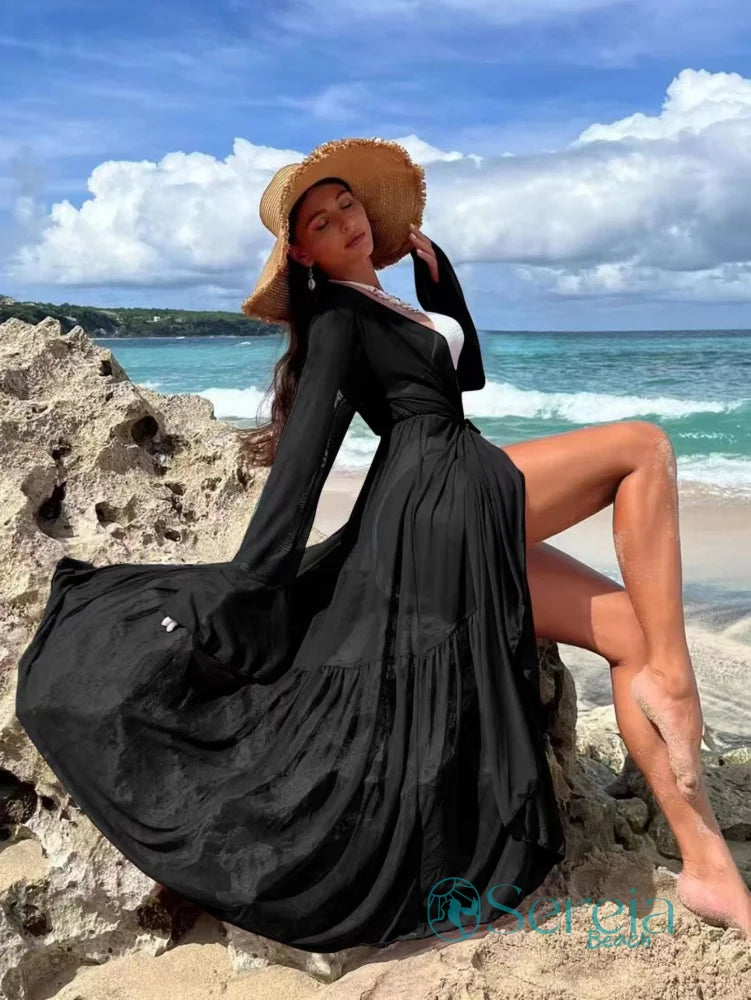 Saída de Praia Longa com Amarração e Tecido Fluido Preto / P Saída de Praia Longa com Amarração e Tecido Fluido
