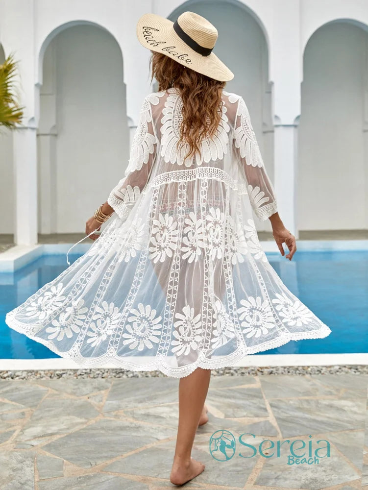 Saída de Praia Longa com Renda Floral Transparente Saída de Praia Longa com Renda Floral Transparente
