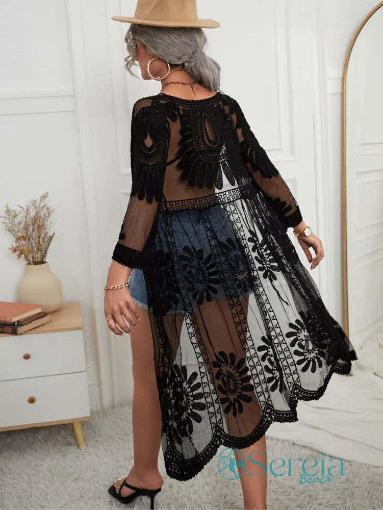 Saída de Praia Longa com Renda Floral Transparente Saída de Praia Longa com Renda Floral Transparente