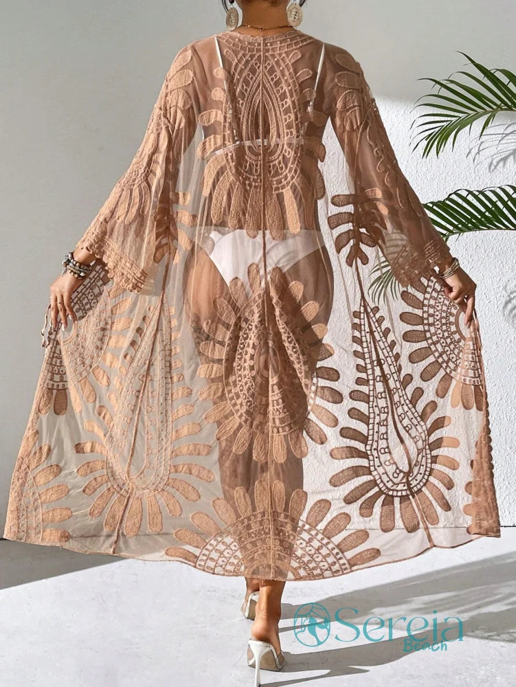 Saída de Praia Longa em Crochê com Detalhes Florais Saída de Praia Longa em Crochê com Detalhes Florais