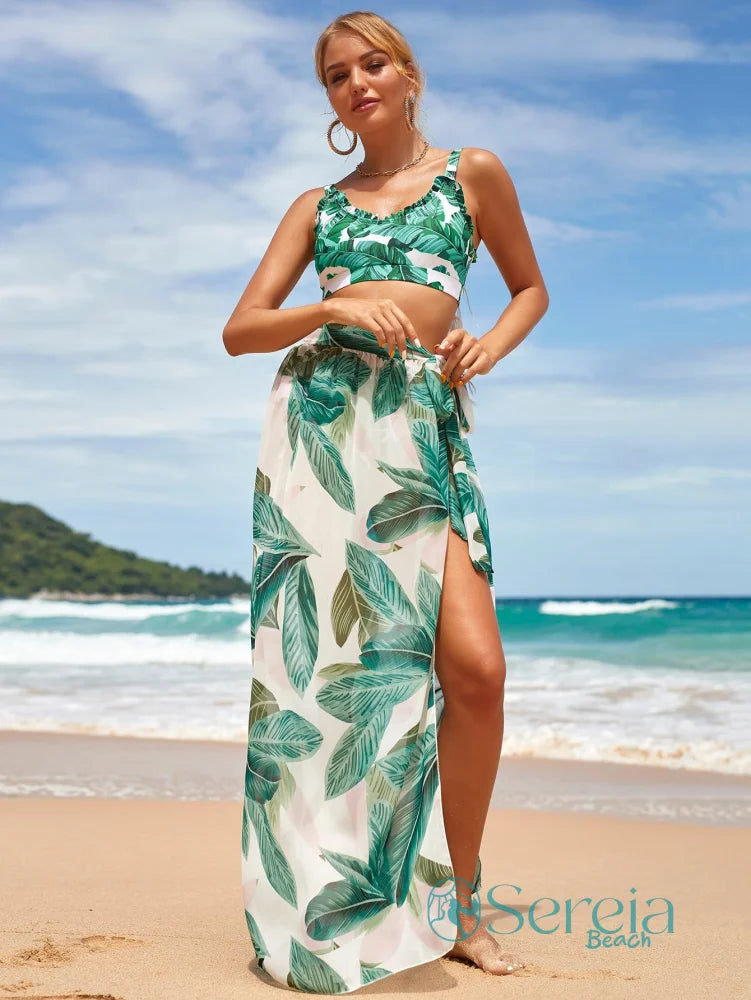 Saída de Praia Saia Pareô Longa com Estampa de Folhagem Saída de Praia Saia Pareô Longa com Estampa de Folhagem