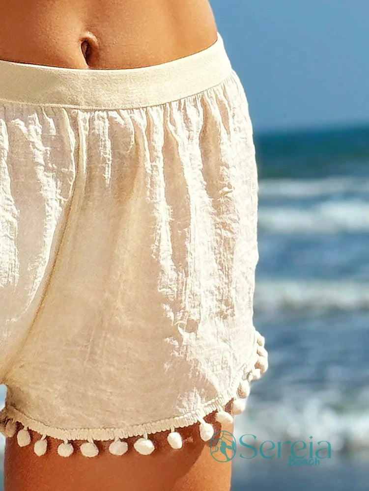 Saída de Praia Shorts Leve com Detalhes de Pompons Saída de Praia Shorts Leve com Detalhes de Pompons