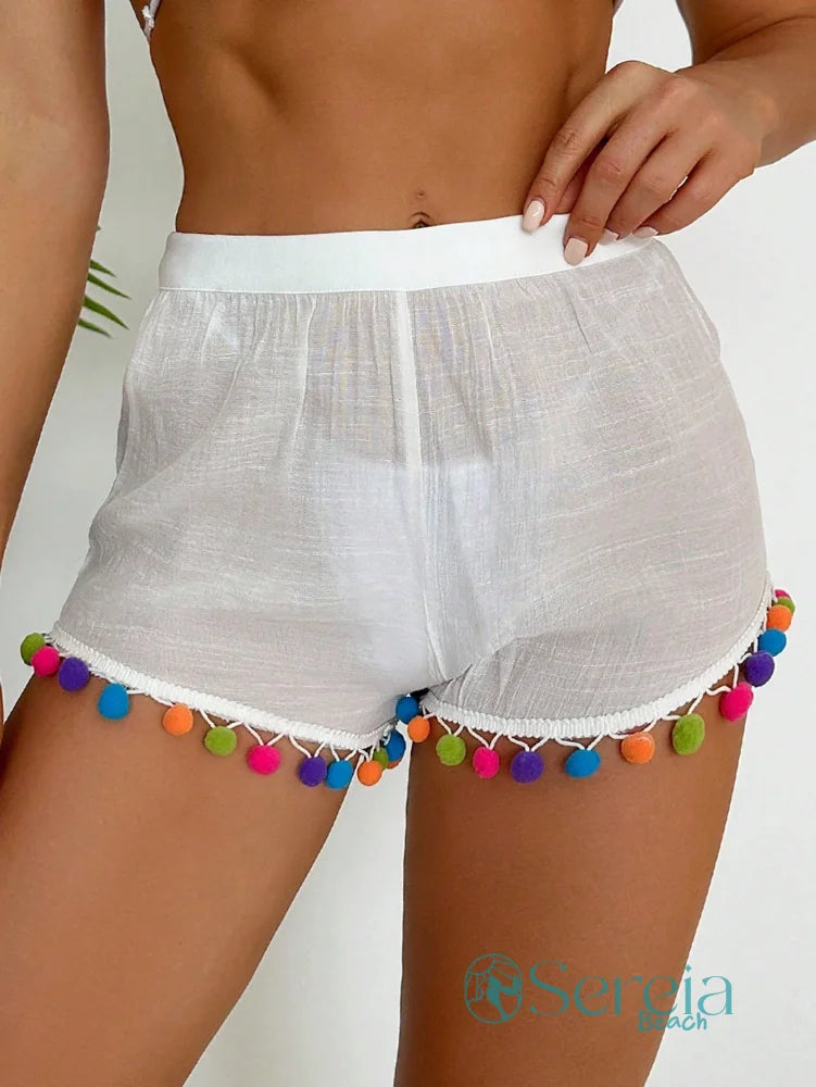 Saída de Praia Shorts Leve com Detalhes de Pompons Branco com arco-íris / P Saída de Praia Shorts Leve com Detalhes de