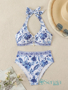 Biquíni com Estampa Azul e Top com Argola Frontal Biquíni com Estampa Azul e Top com Argola Frontal