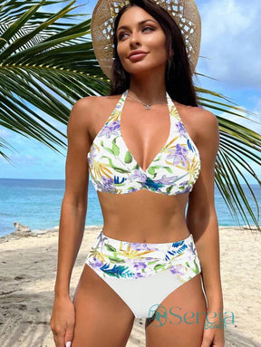 Biquíni com Estampa Tropical e Cintura Alta Drapejada Branco / P Biquíni com Estampa Tropical e Cintura Alta Drapejada