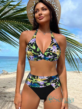Biquíni com Estampa Tropical e Cintura Alta Drapejada Preto / P Biquíni com Estampa Tropical e Cintura Alta Drapejada