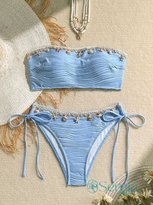 Biquini Tomara que Caia com Detalhes de Conchas e Búzios Azul / P Biquini Tomara que Caia com Detalhes de Conchas e