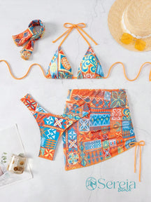 Conjunto de Biquíni Boho com Top Amarração e Pareô Colorido Azul / P Conjunto de Biquíni Boho com Top Amarração e Pareô