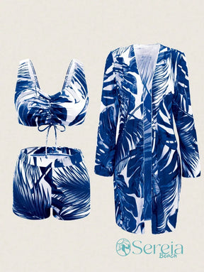 Conjunto de Biquíni com Estampa Tropical e Kimono Longo Conjunto de Biquíni com Estampa Tropical e Kimono Longo