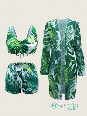 Conjunto de Biquíni com Estampa Tropical e Kimono Longo Conjunto de Biquíni com Estampa Tropical e Kimono Longo