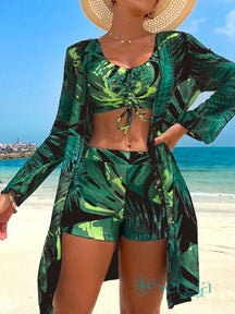 Conjunto de Biquíni com Estampa Tropical e Kimono Longo Verde Escuro / P Conjunto de Biquíni com Estampa Tropical e