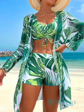 Conjunto de Biquíni com Estampa Tropical e Kimono Longo Verde / P Conjunto de Biquíni com Estampa Tropical e Kimono