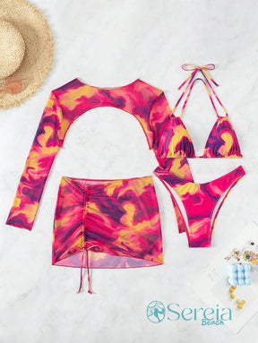 Conjunto de Biquíni com Manga Longa e Saia Ajustável Conjunto de Biquíni com Manga Longa e Saia Ajustável