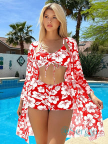 Conjunto de Biquíni com Saída de Praia e Estampa Floral Vermelho e Branco / P Conjunto de Biquíni com Saída de Praia e