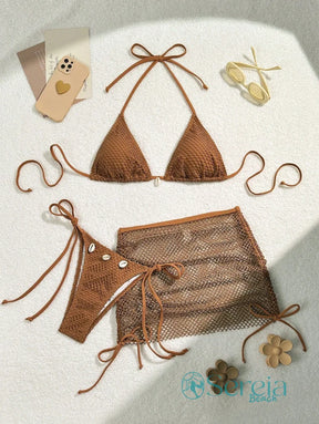 Conjunto de Biquíni Crochê com Saia e Detalhes Naturais Café / P Conjunto de Biquíni Crochê com Saia e Detalhes Naturais