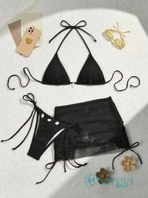 Conjunto de Biquíni Crochê com Saia e Detalhes Naturais Preto / P Conjunto de Biquíni Crochê com Saia e Detalhes