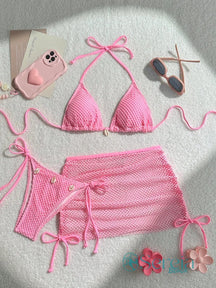 Conjunto de Biquíni Crochê com Saia e Detalhes Naturais Rosa / P Conjunto de Biquíni Crochê com Saia e Detalhes Naturais