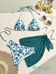 Conjunto de Biquíni Floral com Canga Assimétrica Azul petróleo / P Conjunto de Biquíni Floral com Canga Assimétrica